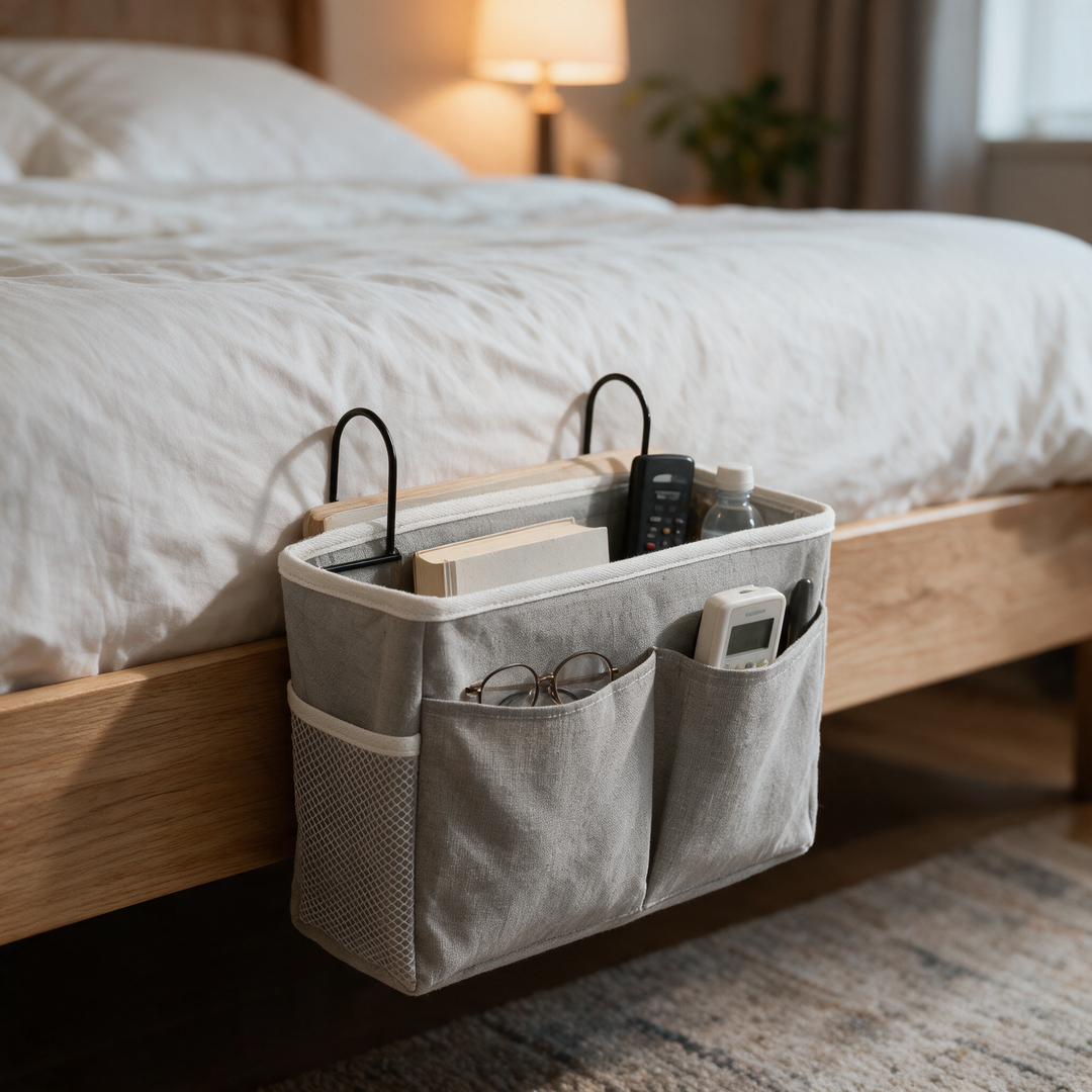 Hanging Bedside Storage Bag in Cotton Linen with Pockets | Keep Essentials Within Reach | Bedside Organizers