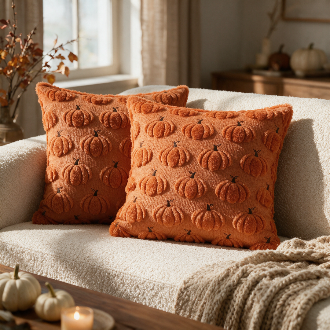 Embroidered Pumpkin Cushion Covers in Soft Faux Fur | Cozy Fall Decor Made Easy | Cushion Covers