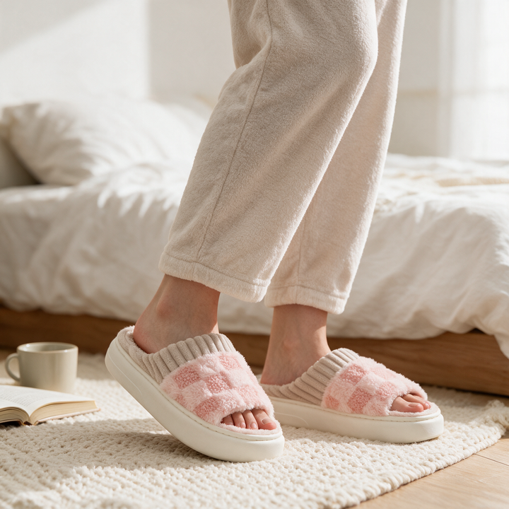Checkered Fuzzy Open-Toe House Slippers with Memory Foam Sole | Fuzzy Comfort at Home | Slippers