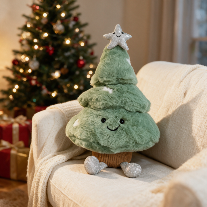 Pine Tree Christmas Plush Pillow with Smiling Face and Star | Playful Plush Christmas Tree | Holiday Decor