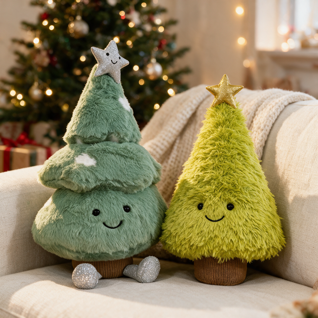 Pine Tree Christmas Plush Pillow with Smiling Face and Star | Playful Plush Christmas Tree | Holiday Decor