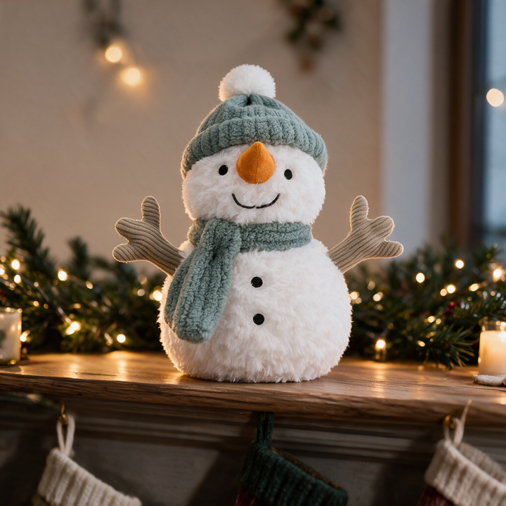 Snowman Christmas Plush Pillow, 25 cm with Knit Hat Option | Fluffy Festive Snowman | Holiday Decor