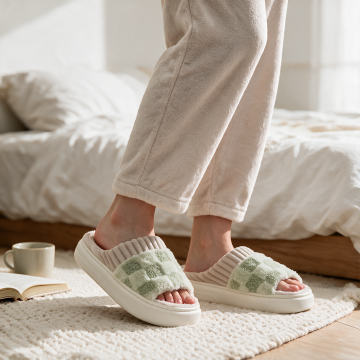 Checkered Fuzzy Open-Toe House Slippers with Memory Foam Sole | Fuzzy Comfort at Home | Slippers