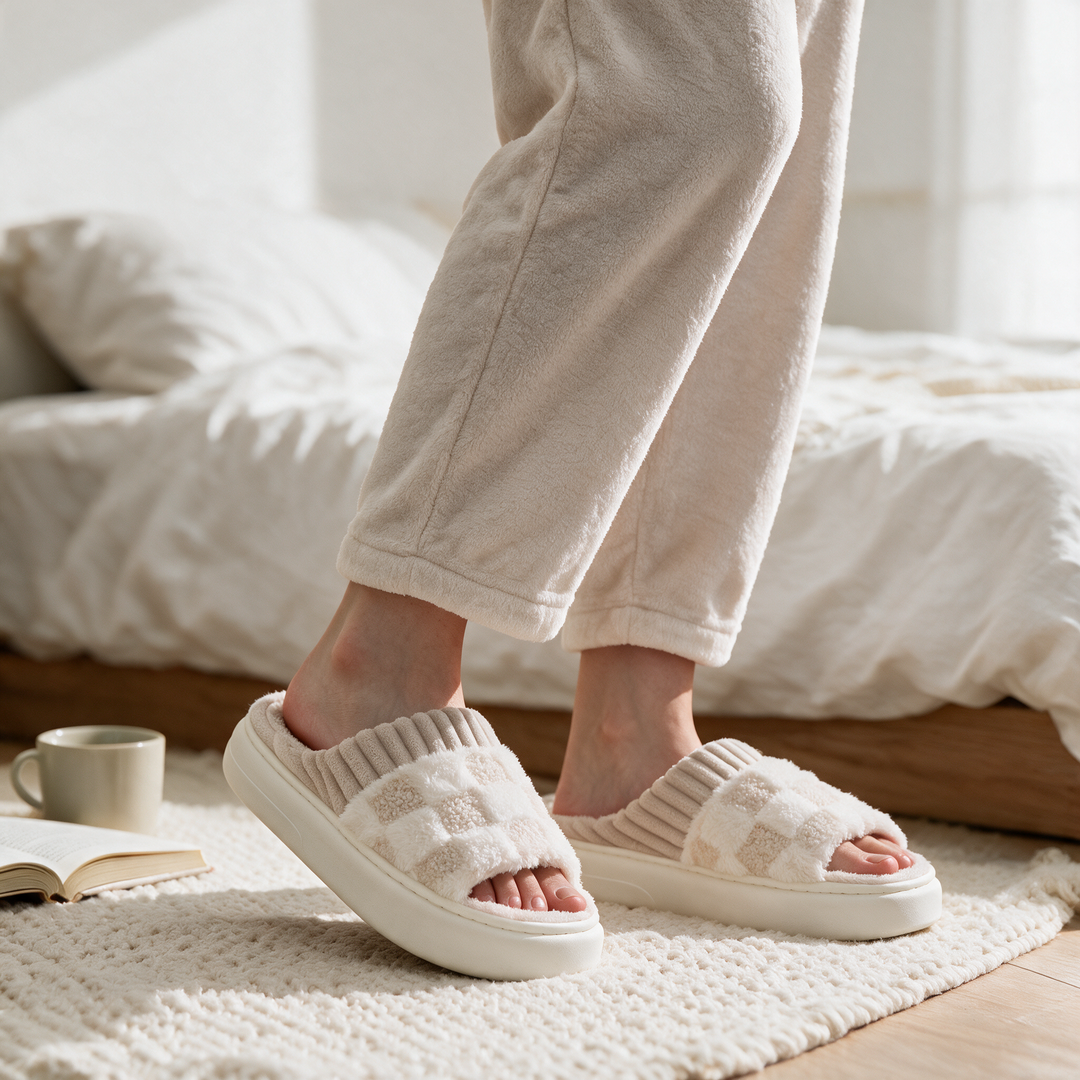 Checkered Fuzzy Open-Toe House Slippers with Memory Foam Sole | Fuzzy Comfort at Home | Slippers