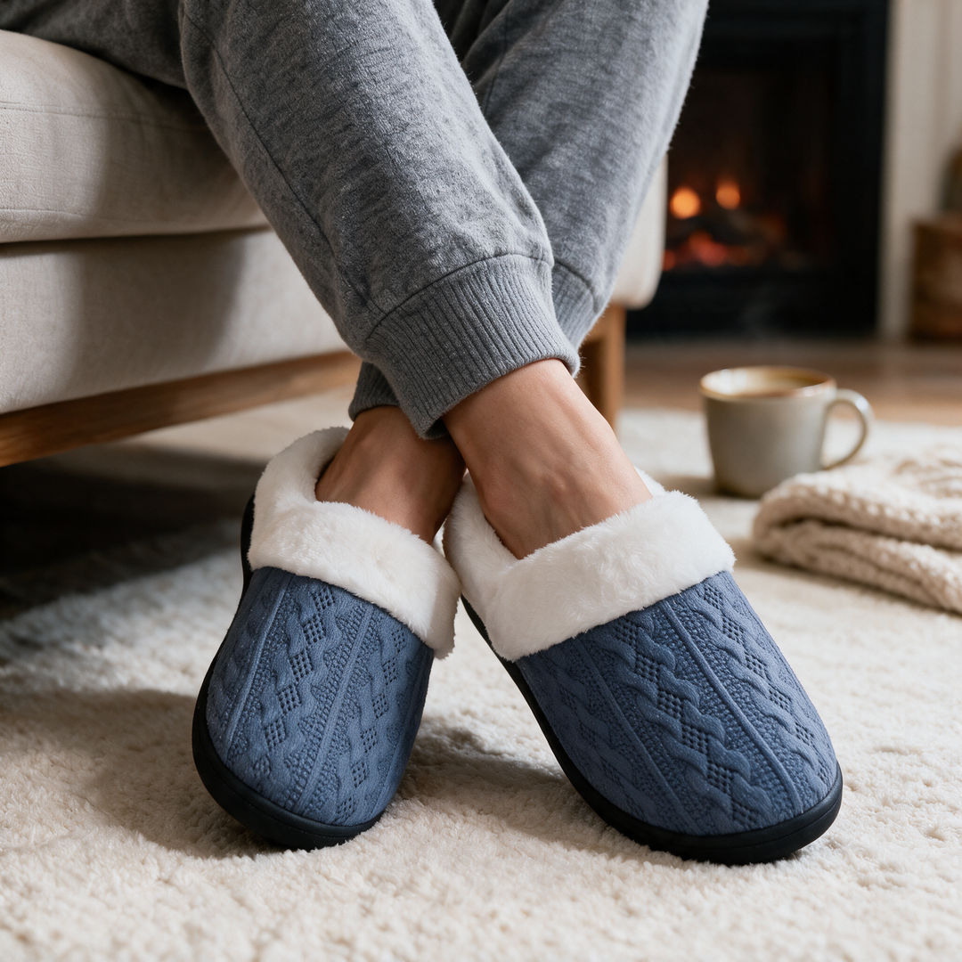 Faux Fur Lined Knit House Slippers for Women with Cushioned Sole | Cosy Feet on Cold Floors | Slippers