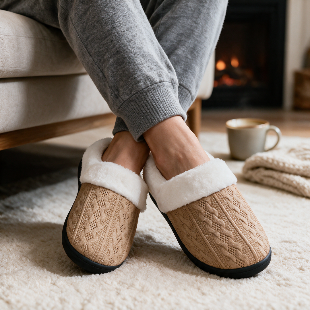 Faux Fur Lined Knit House Slippers for Women with Cushioned Sole | Cosy Feet on Cold Floors | Slippers