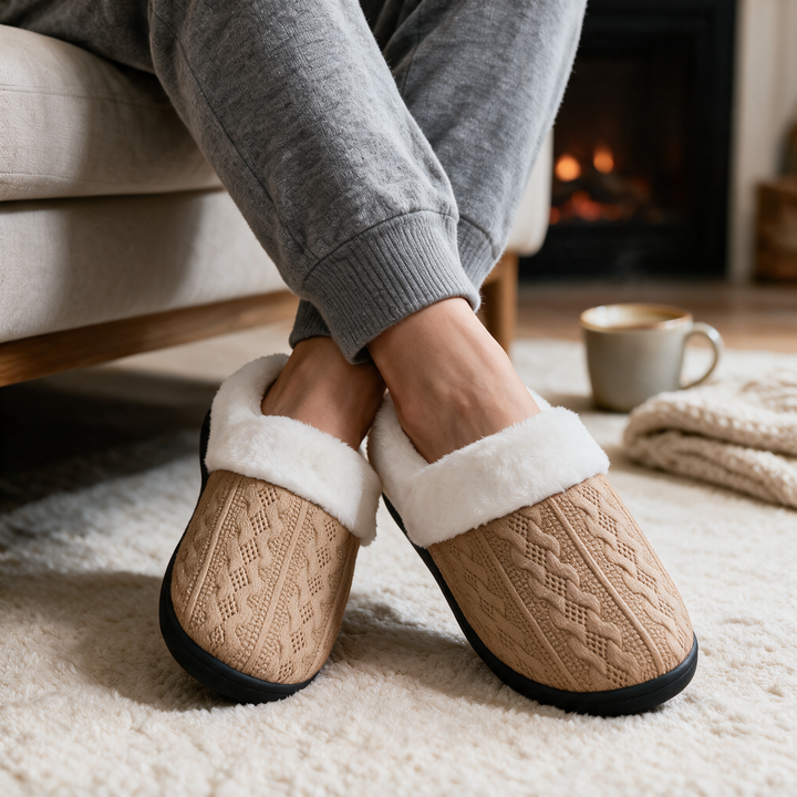Faux Fur Lined Knit House Slippers for Women with Cushioned Sole | Cosy Feet on Cold Floors | Slippers
