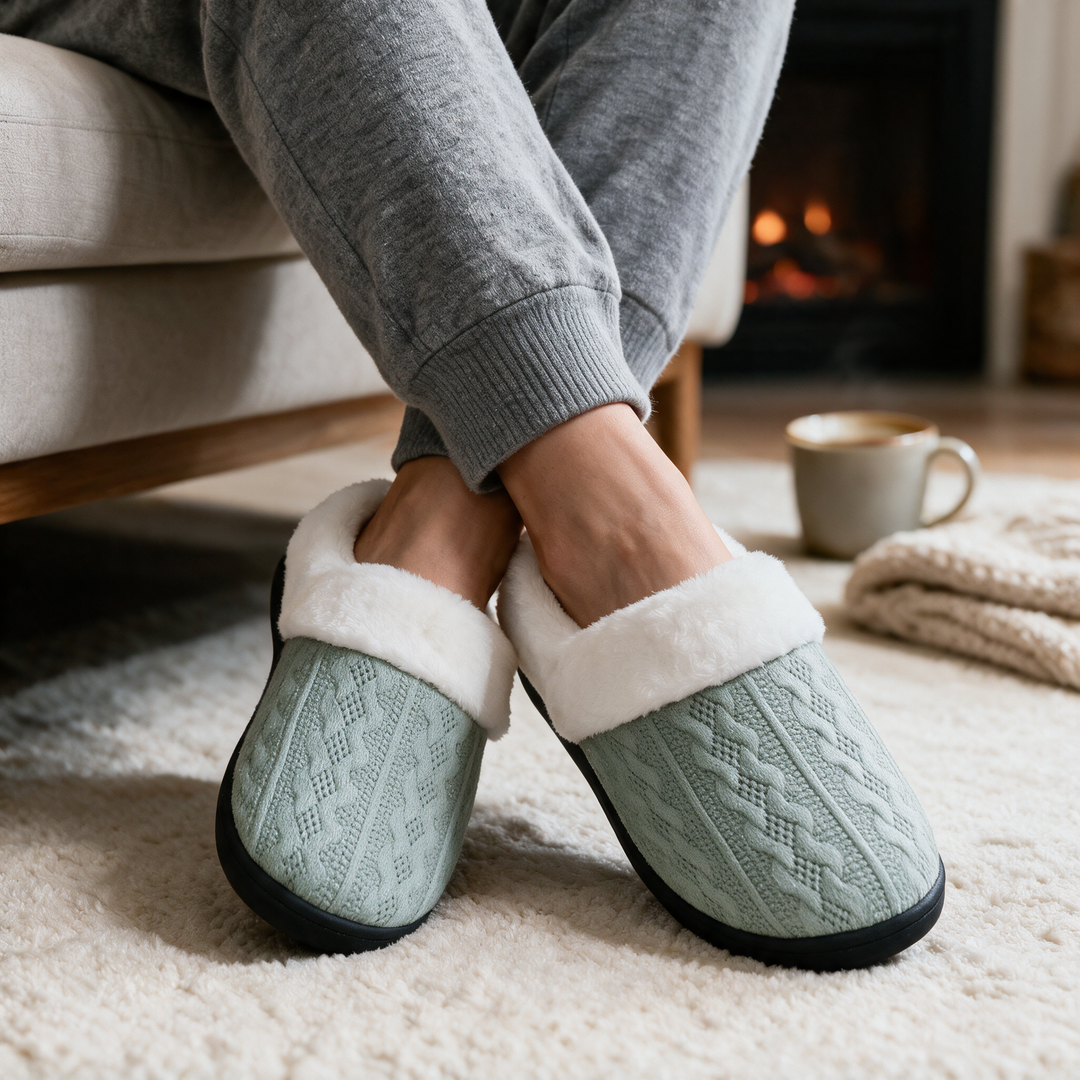 Faux Fur Lined Knit House Slippers for Women with Cushioned Sole | Cosy Feet on Cold Floors | Slippers