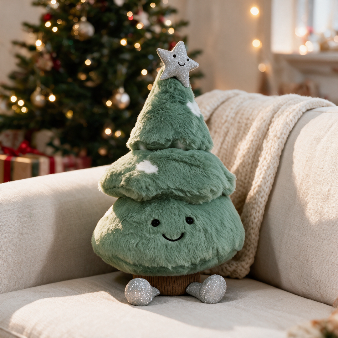 Pine Tree Christmas Plush Pillow with Smiling Face and Star | Playful Plush Christmas Tree | Holiday Decor