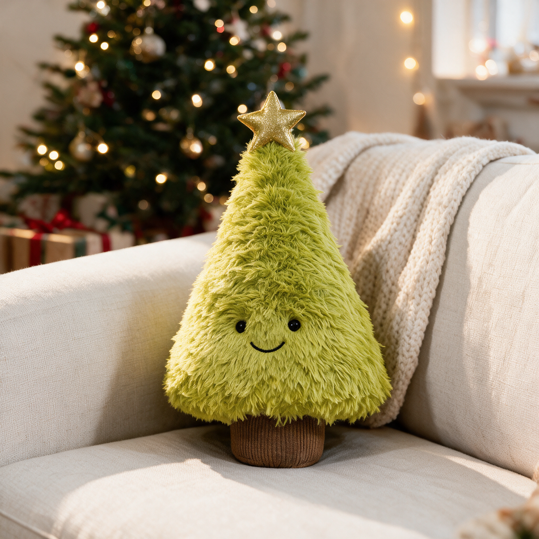 Pine Tree Christmas Plush Pillow with Smiling Face and Star | Playful Plush Christmas Tree | Holiday Decor