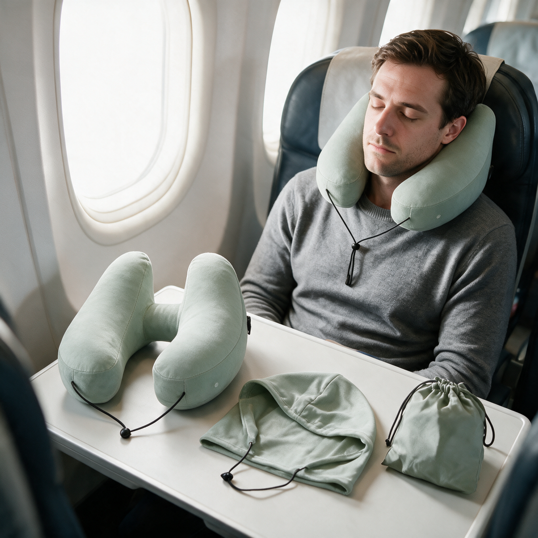 Inflatable H-Type Travel Neck Pillow with Hood and Velvet Cover | Head and Chin Support on Trips | Travel Pillows