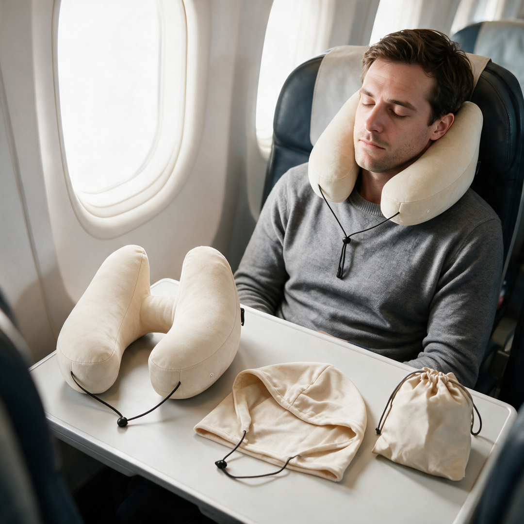 Inflatable H-Type Travel Neck Pillow with Hood and Velvet Cover | Head and Chin Support on Trips | Travel Pillows