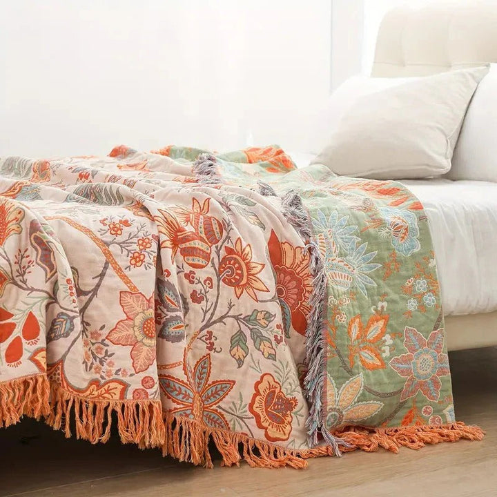 Floral Cotton Throw Blanket with Bohemian Fringe, Orange and Blue Flowers | Orange and Blue Floral Cotton Throw | Throw Blankets