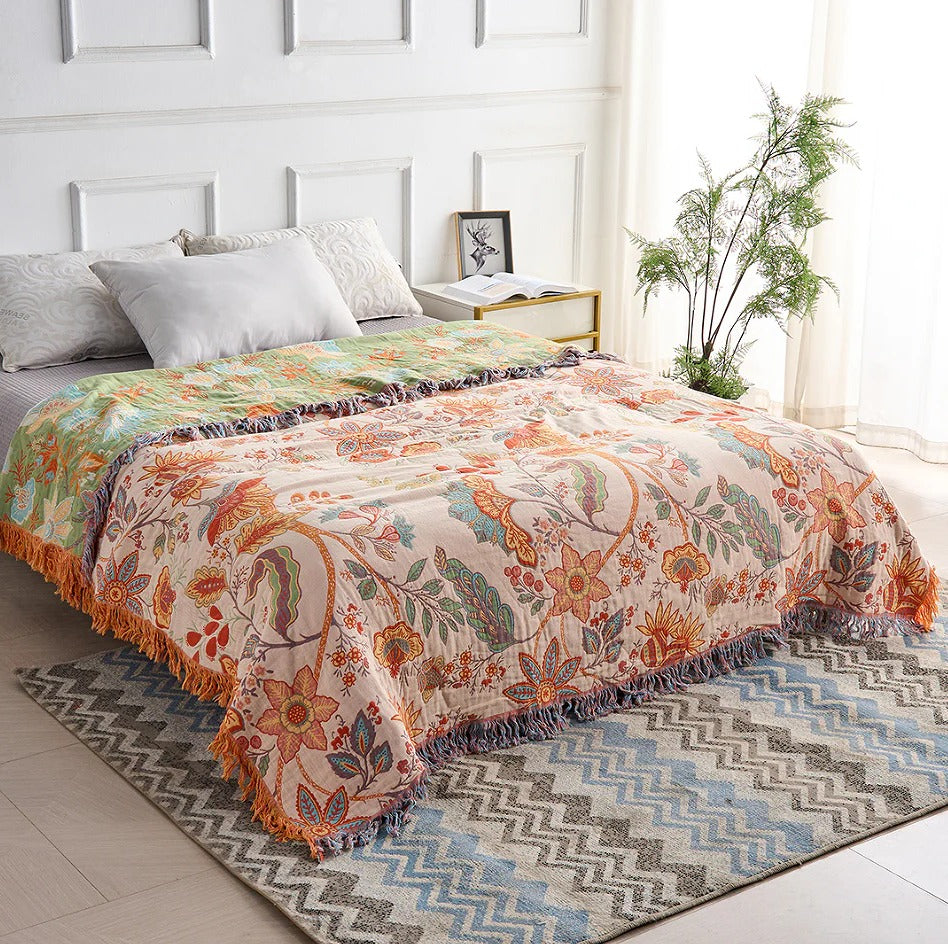 Floral Cotton Throw Blanket with Bohemian Fringe, Orange and Blue Flowers | Orange and Blue Floral Cotton Throw | Throw Blankets