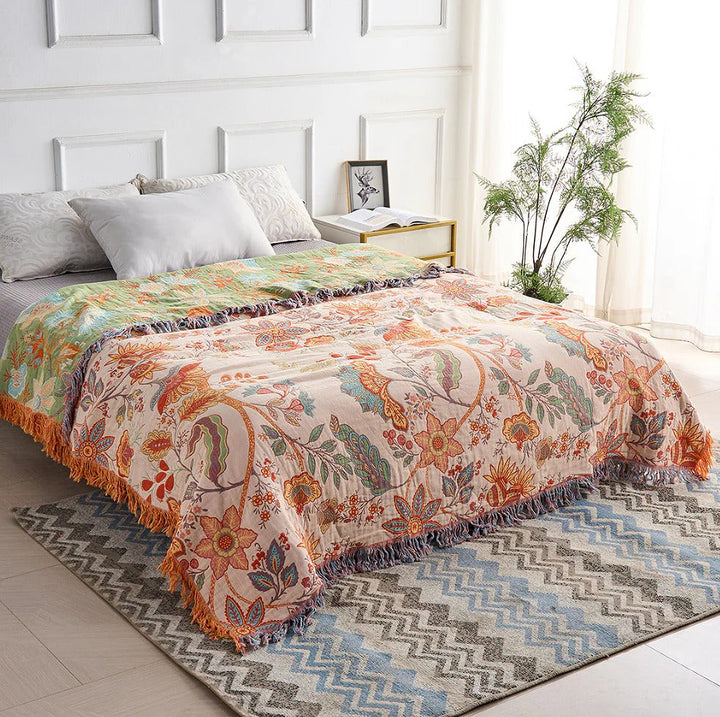 Breathable Cotton Floral Throw Blanket with Boho Pattern and Fringe | Boho Cotton Throw for Living Rooms | Throw Blankets