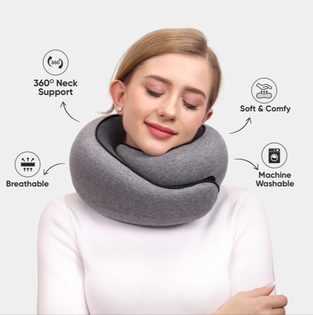 Memory Foam Travel Neck Pillow with Snap Closure and Free Eye Mask | Secure Neck Support With Travel Extras | Travel Pillows