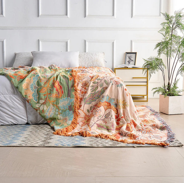 Breathable Cotton Floral Throw Blanket with Boho Pattern and Fringe | Boho Cotton Throw for Living Rooms | Throw Blankets