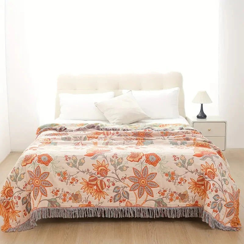 Floral Cotton Throw Blanket with Bohemian Fringe, Orange and Blue Flowers | Orange and Blue Floral Cotton Throw | Throw Blankets