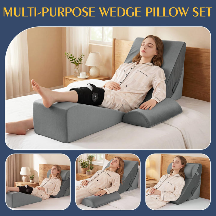 4-Piece Wedge Pillow Set for Leg Elevation and Upright Reading | Four Wedges, Many Positions | Wedge Pillows