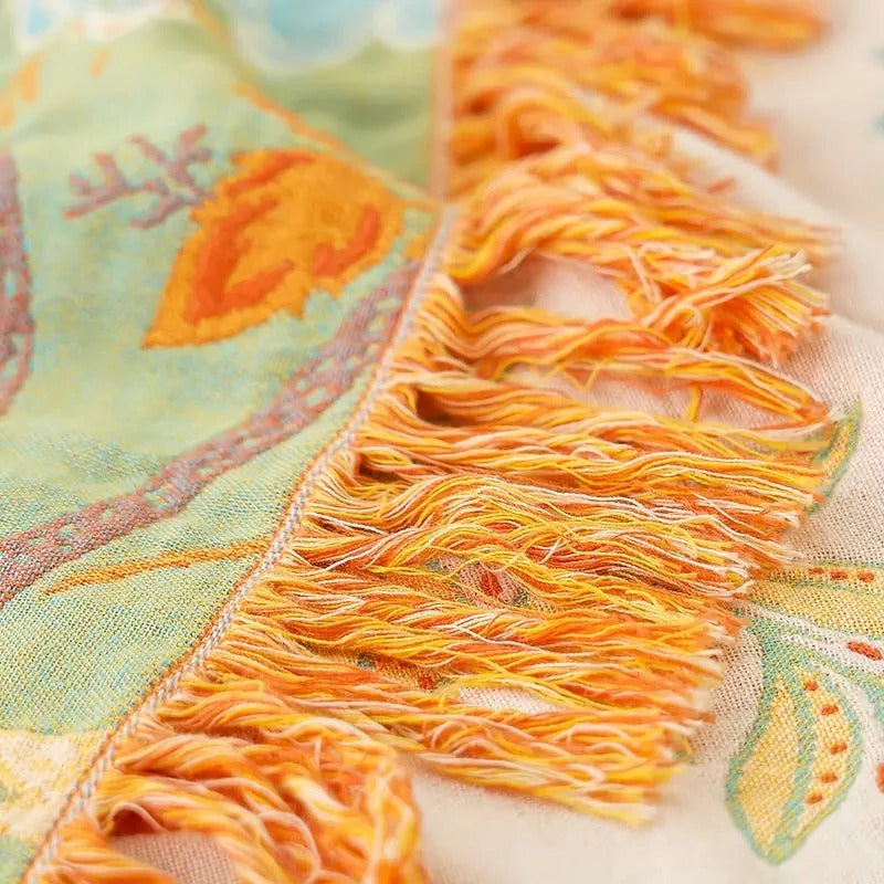 Floral Cotton Throw Blanket with Bohemian Fringe, Orange and Blue Flowers | Orange and Blue Floral Cotton Throw | Throw Blankets