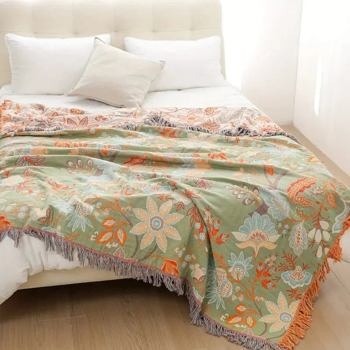 Breathable Cotton Floral Throw Blanket with Boho Pattern and Fringe | Boho Cotton Throw for Living Rooms | Throw Blankets