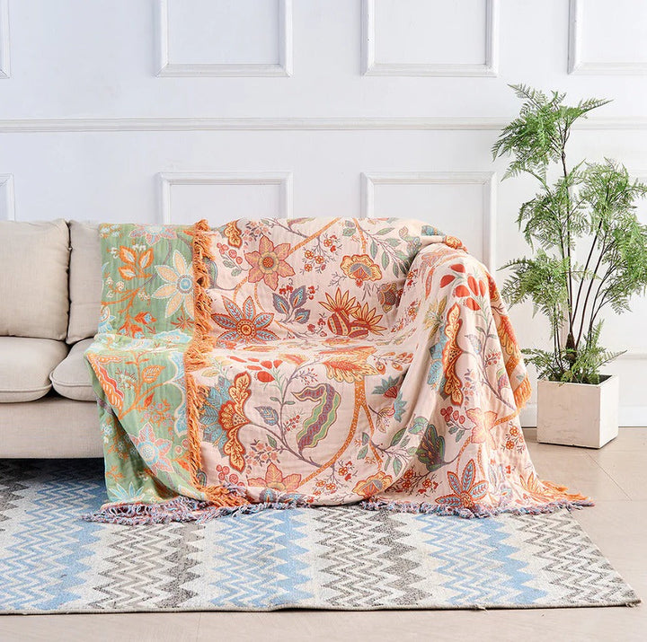 Breathable Cotton Floral Throw Blanket with Boho Pattern and Fringe | Boho Cotton Throw for Living Rooms | Throw Blankets