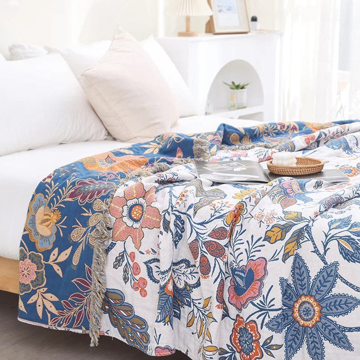 Rustic Artistic Floral 100% Cotton Reversible Blanket with Tassels | Artful Florals, Light Cotton Layer | Throw Blankets