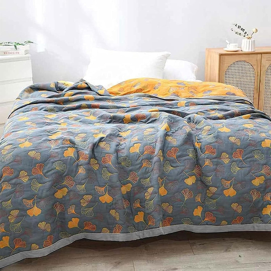 Ginkgo Leaf Reversible Cotton Throw Blanket in Yellow and Blue | Ginkgo Leaves in Two Colourways | Throw Blankets