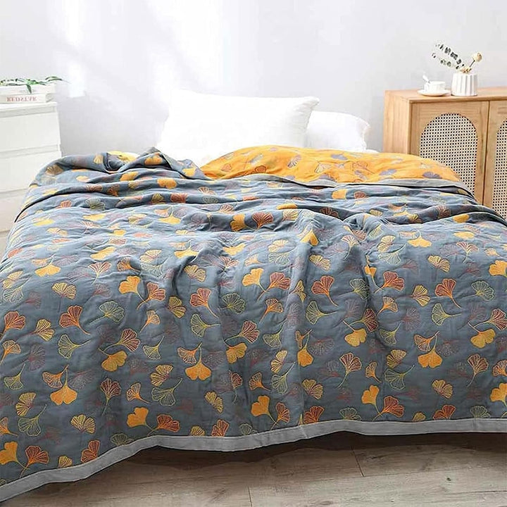 Ginkgo Leaf Reversible Cotton Throw Blanket in Yellow and Blue | Ginkgo Leaves in Two Colourways | Throw Blankets