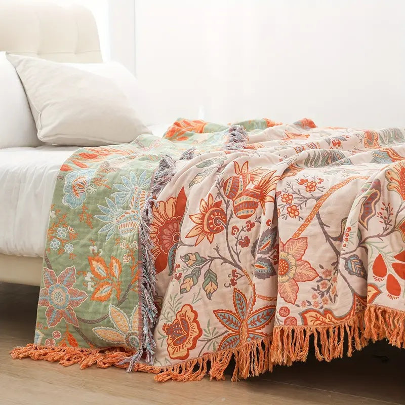 Boho Floral 100% Cotton Throw Blanket with Fringe in Cream, Orange and Blue | Cream Boho Floral Cotton Throw | Throw Blankets