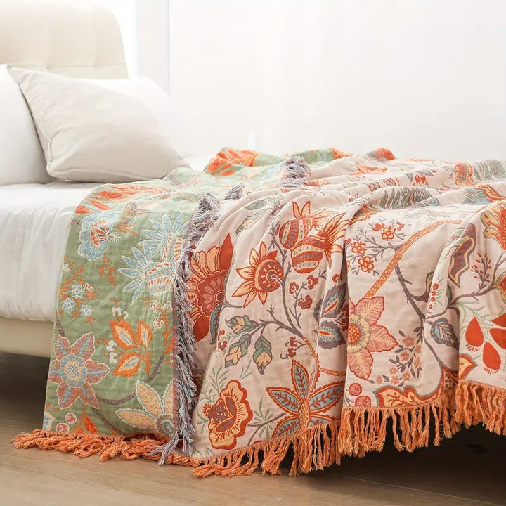 Boho Floral 100% Cotton Throw Blanket with Fringe in Cream, Orange and Blue | Cream Boho Floral Cotton Throw | Throw Blankets