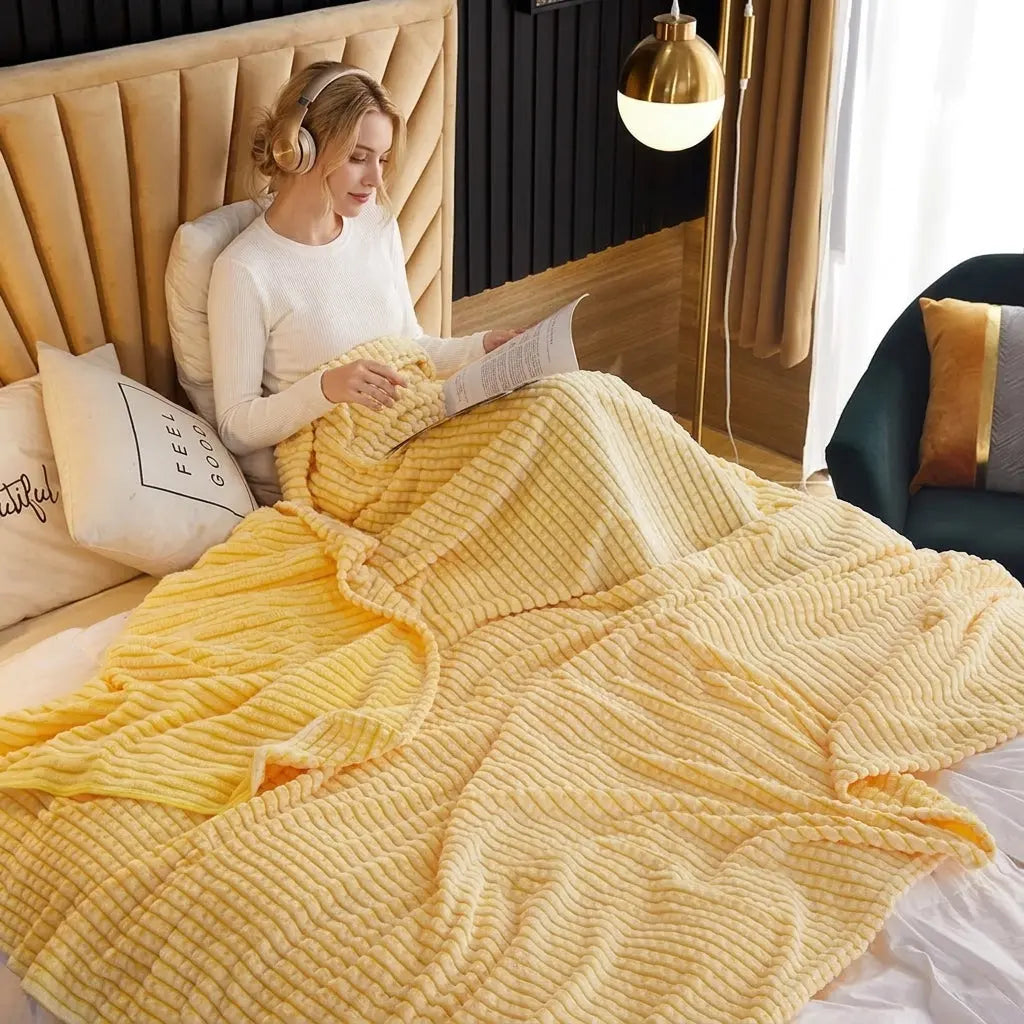 Ribbed Fleece Blanket in Soft Polyester for Sofa and Bedroom | Textured Fleece Throw Comfort | Fleece Blankets