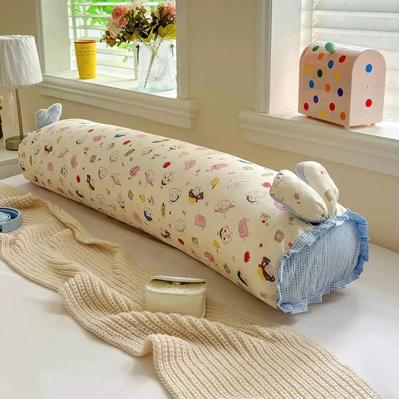 Cotton Gauze Long Body Pillow with Rabbit Ears and Plush Filling | Soft Gauze Long Cuddle Pillow | Body Pillows