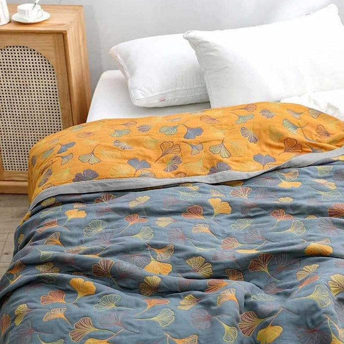 Ginkgo Leaf Reversible Cotton Throw Blanket in Yellow and Blue | Ginkgo Leaves in Two Colourways | Throw Blankets