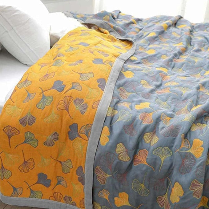 Ginkgo Leaf Reversible Cotton Throw Blanket in Yellow and Blue | Ginkgo Leaves in Two Colourways | Throw Blankets