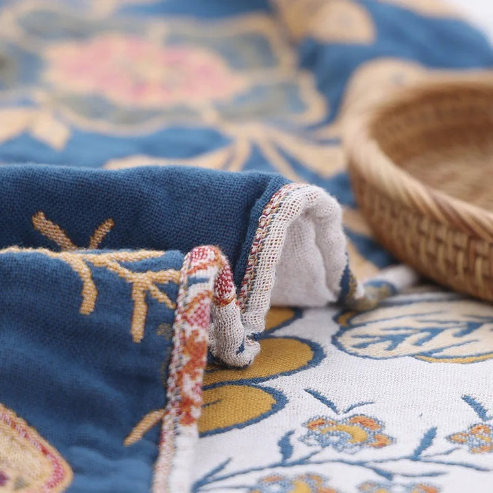 Rustic Artistic Floral 100% Cotton Reversible Blanket with Tassels | Artful Florals, Light Cotton Layer | Throw Blankets