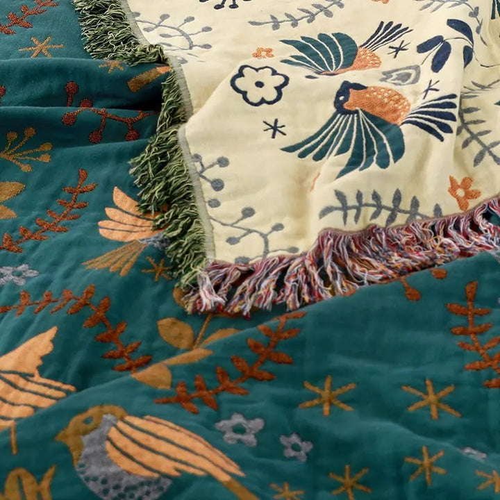 Teal and Cream Reversible Throw Blanket with Bird and Floral Pattern | Nordic Bird and Floral Reversible Throw | Throw Blankets
