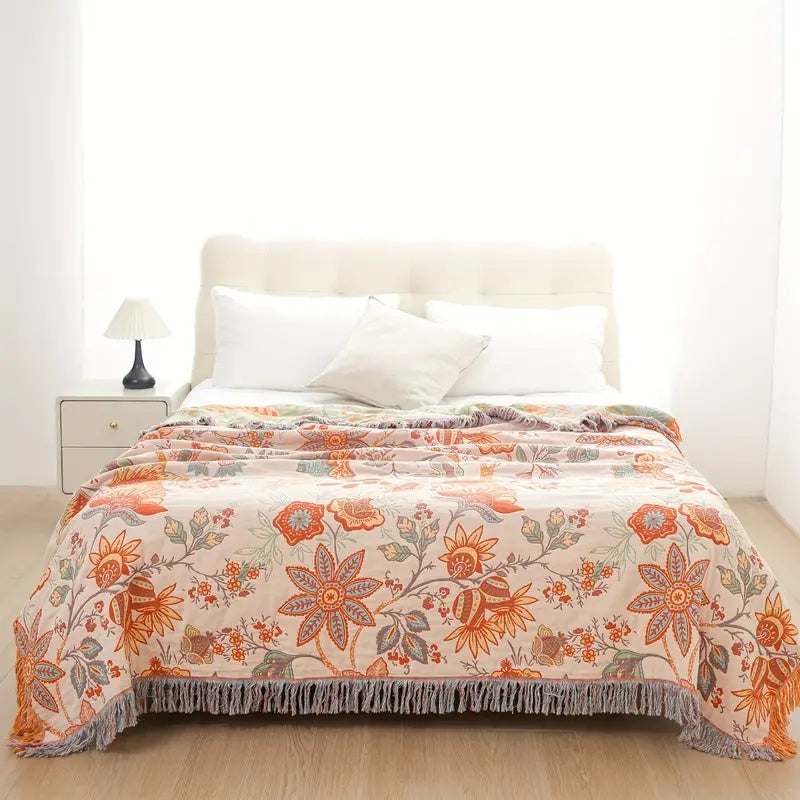 Boho Floral 100% Cotton Throw Blanket with Fringe in Cream, Orange and Blue | Cream Boho Floral Cotton Throw | Throw Blankets