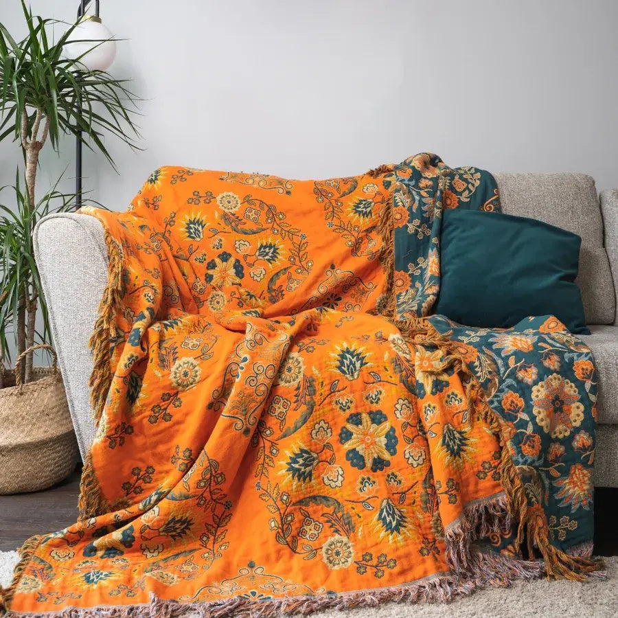 Marigold Reversible Cotton Gauze Throw Blanket, Orange and Teal | Orange and Teal, Fine Cotton Gauze | Throw Blankets