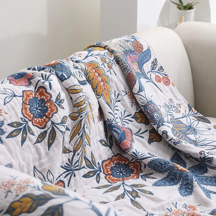 Rustic Artistic Floral 100% Cotton Reversible Blanket with Tassels | Artful Florals, Light Cotton Layer | Throw Blankets
