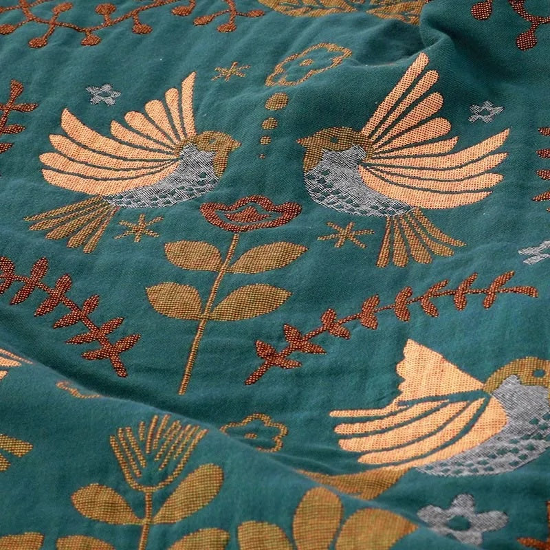 Teal and Cream Reversible Throw Blanket with Bird and Floral Pattern | Nordic Bird and Floral Reversible Throw | Throw Blankets