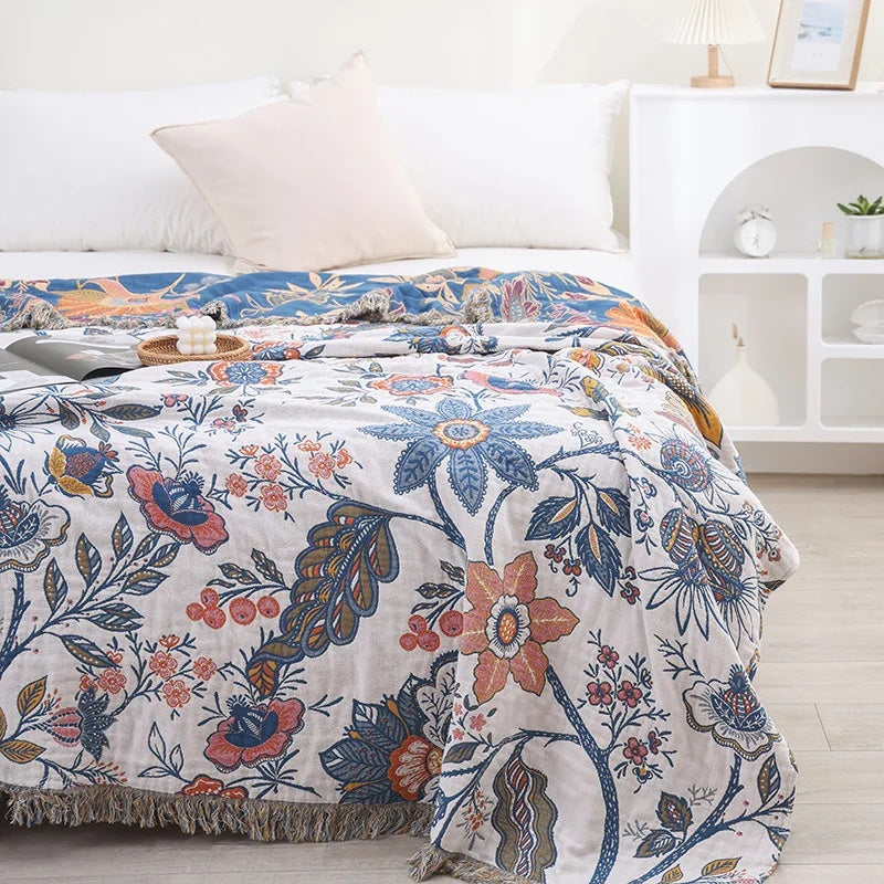 Rustic Artistic Floral 100% Cotton Reversible Blanket with Tassels | Artful Florals, Light Cotton Layer | Throw Blankets