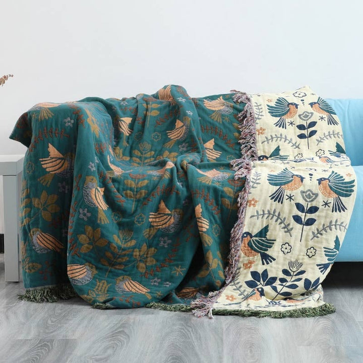 Reversible Scandinavian Bird Cotton Blanket with Fringed Edges | Folk Tale Birds on Two Sides | Throw Blankets
