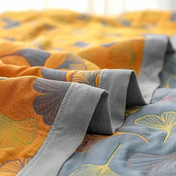 Ginkgo Leaf Reversible Cotton Throw Blanket in Yellow and Blue | Ginkgo Leaves in Two Colourways | Throw Blankets