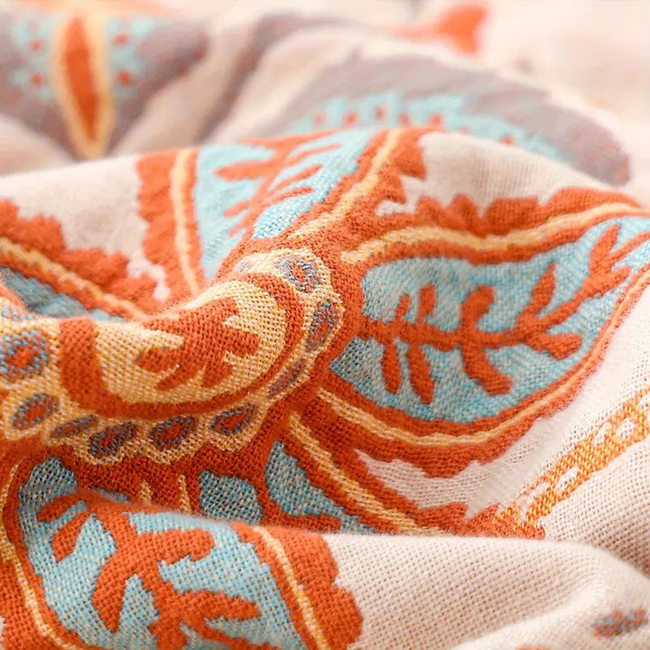 Boho Floral 100% Cotton Throw Blanket with Fringe in Cream, Orange and Blue | Cream Boho Floral Cotton Throw | Throw Blankets