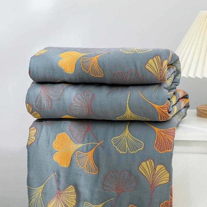 Ginkgo Leaf Reversible Cotton Throw Blanket in Yellow and Blue | Ginkgo Leaves in Two Colourways | Throw Blankets