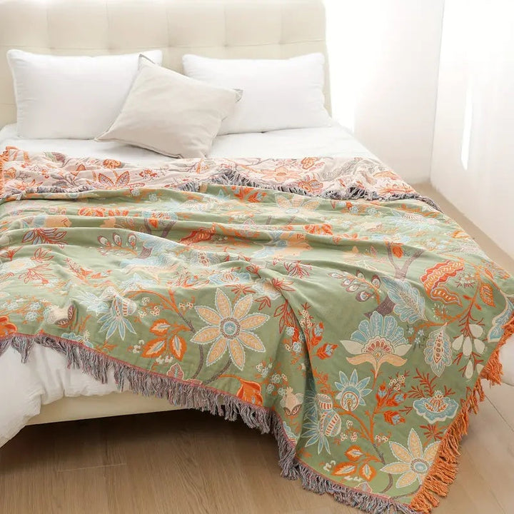 Rustic Floral Boho Cotton Throw Blanket in Orange, Blue and Cream with Fringe | Orange and Blue Florals, Cream Ground | Throw Blankets