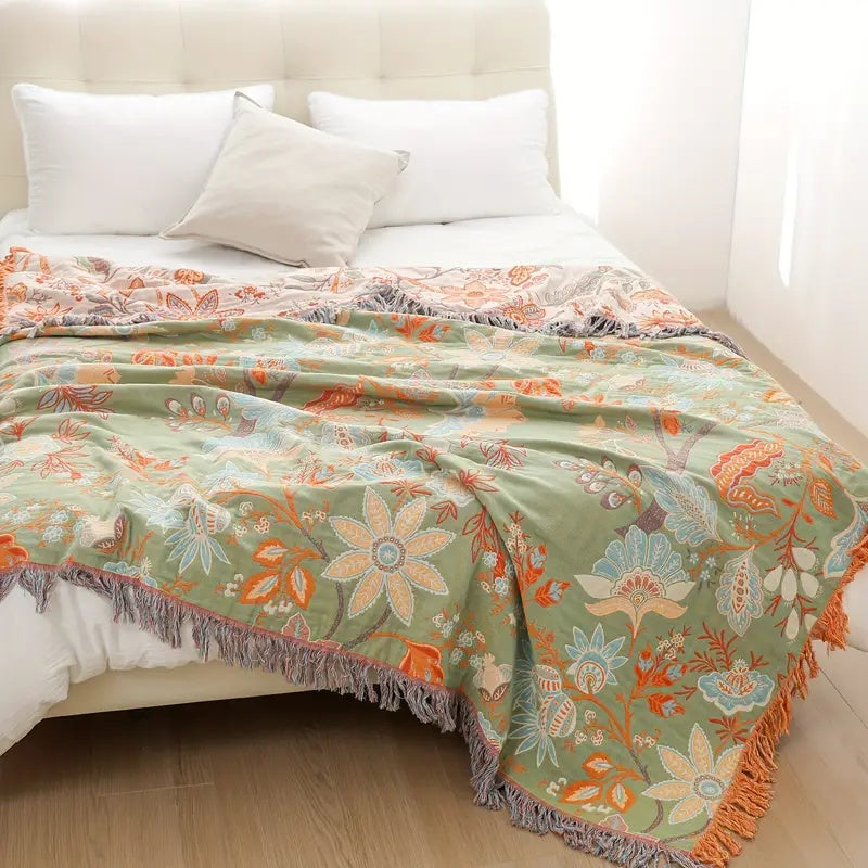 Boho Floral 100% Cotton Throw Blanket with Fringe in Cream, Orange and Blue | Cream Boho Floral Cotton Throw | Throw Blankets