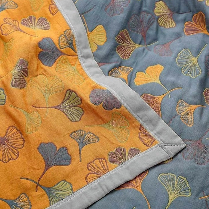 Ginkgo Leaf Reversible Cotton Throw Blanket in Yellow and Blue | Ginkgo Leaves in Two Colourways | Throw Blankets