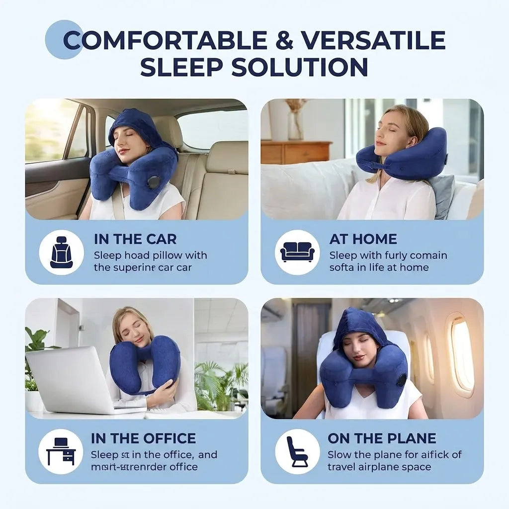 Inflatable Hooded Travel Pillow with U-Shape and Blackout Cap | Hooded Inflatable Travel Pillow | Travel Pillows